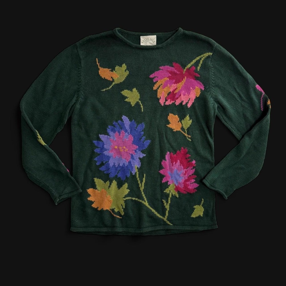 Belle Isle Vintage 90s Forest Green Floral Knit Sweater Ramie Cotton Womens M